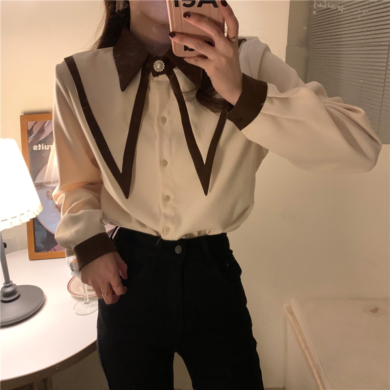 Real price Korean spring design baby collar top Vintage corduroy shirt