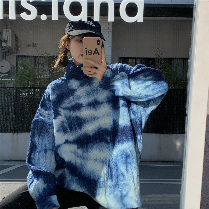 Real shot real price winter Korean version oversize thickened retro Hong Kong Style tie dyed high collar Pullover