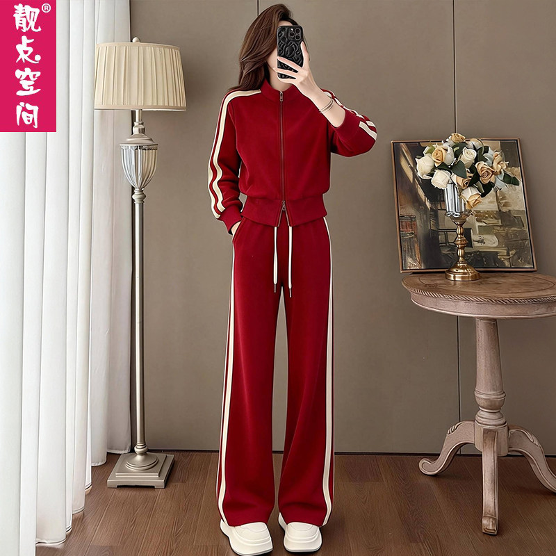 红色休闲运动套装女2026春秋