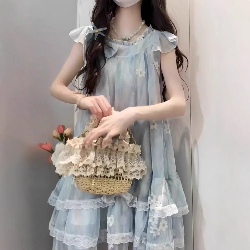 法式小飞袖碎花薄纱连衣