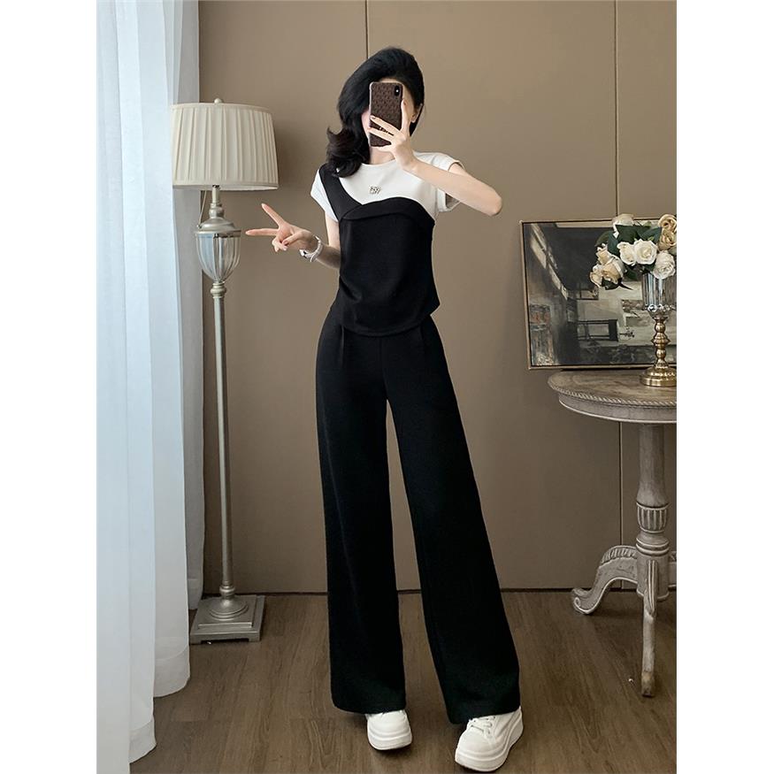 黑白拼色短袖时尚套装女