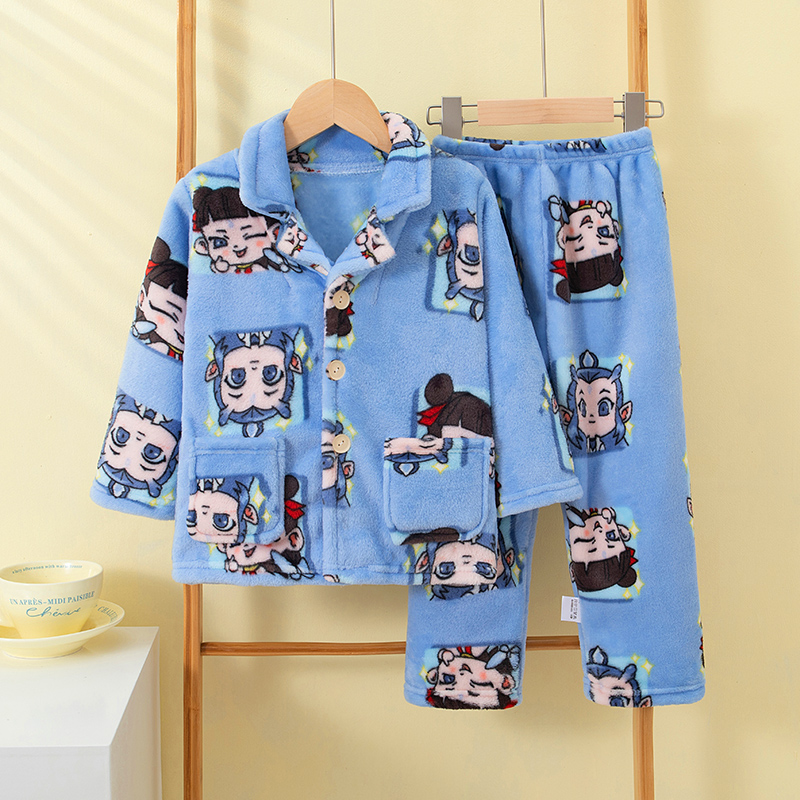 儿童法兰绒睡衣秋冬季男童男孩保暖加厚珊瑚绒女童宝宝家居服套装