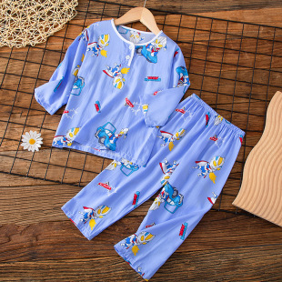 夏季儿童棉绸男孩睡衣女童男童宝宝薄款大童人造棉绵绸家居服套装