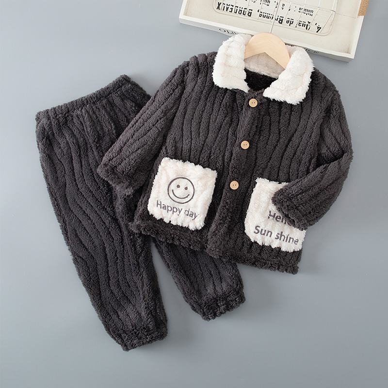 儿童法兰绒睡衣男孩秋冬季男童加绒女童宝宝保暖珊瑚绒家居服套装