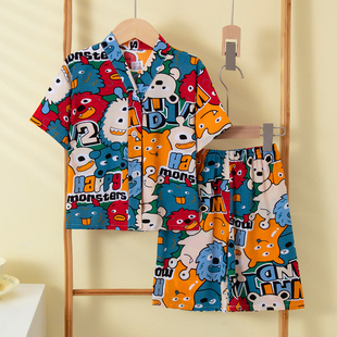 夏季儿童棉绸睡衣男童女童人造棉薄款男孩绵绸宝宝亲子家居服套装