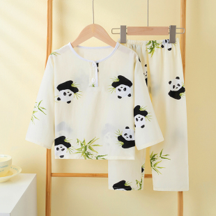 夏季儿童棉绸睡衣男童薄款女孩大童宝宝绵绸女童人造棉家居服套装