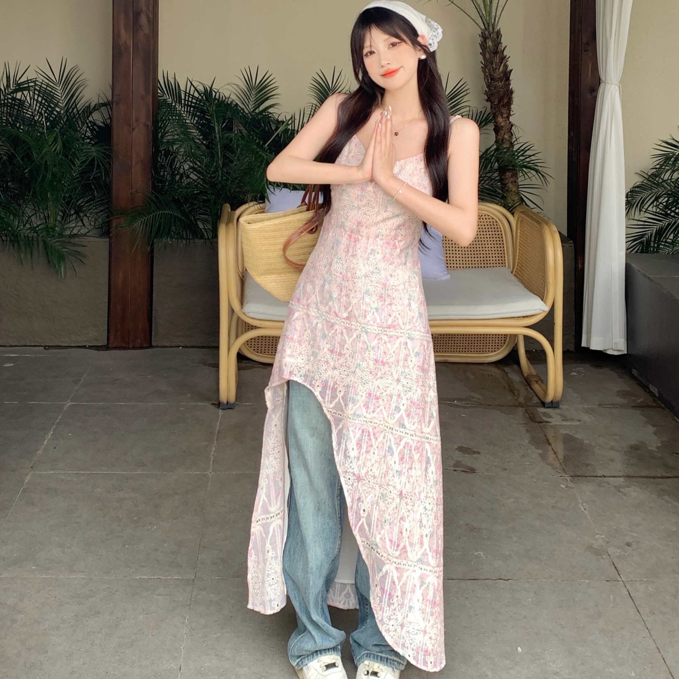 尚亚楠~大码法式海边度假风夏设计感纯欲不规则复古粉色吊带长裙