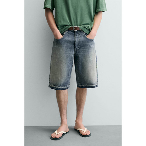 柜329！ZA 春夏新品 男装 宽松水洗棉质牛仔休闲短裤 4048405 400