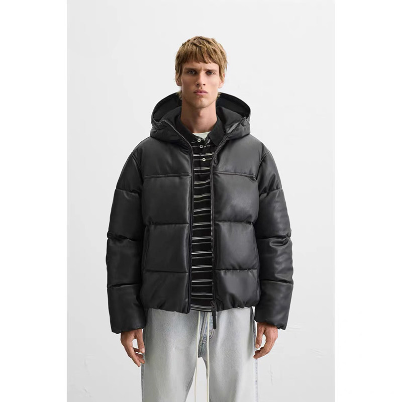 柜859！秋冬新品ZA男装仿皮棉服夹克连帽皮衣外套面包服 8281403