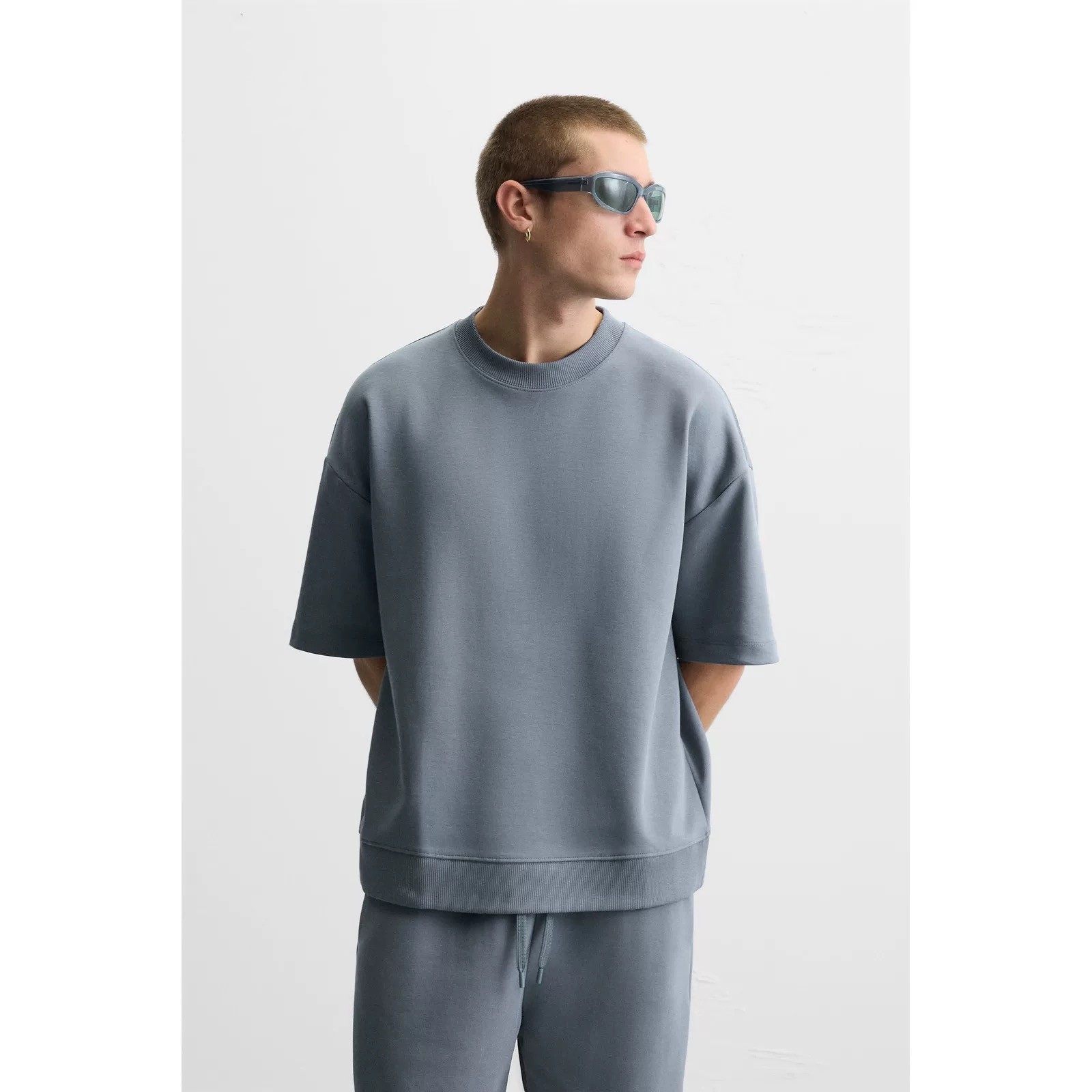 柜279！ZA2025春季新品男装多色选宽松双面布纹理短袖卫衣0761450