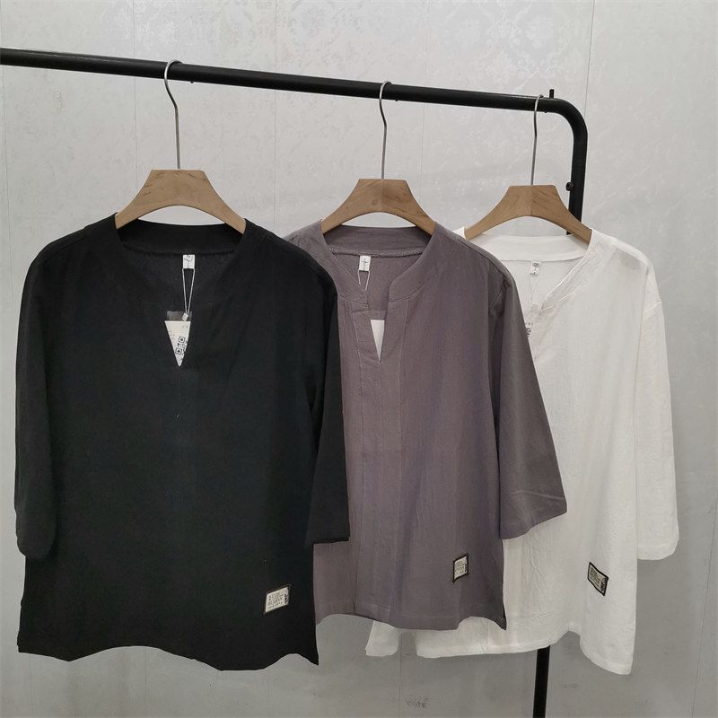 潮流夏装唐装汉服上衣服打底衫夏季男士棉麻半袖T恤中国风复古V领