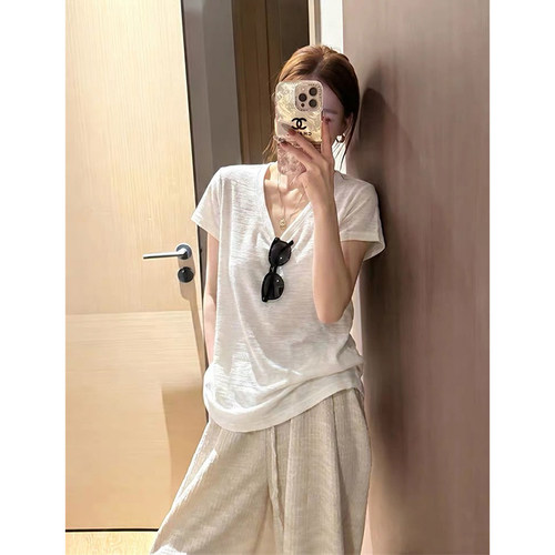 白色V领棉麻短袖宽松遮肚T恤女
