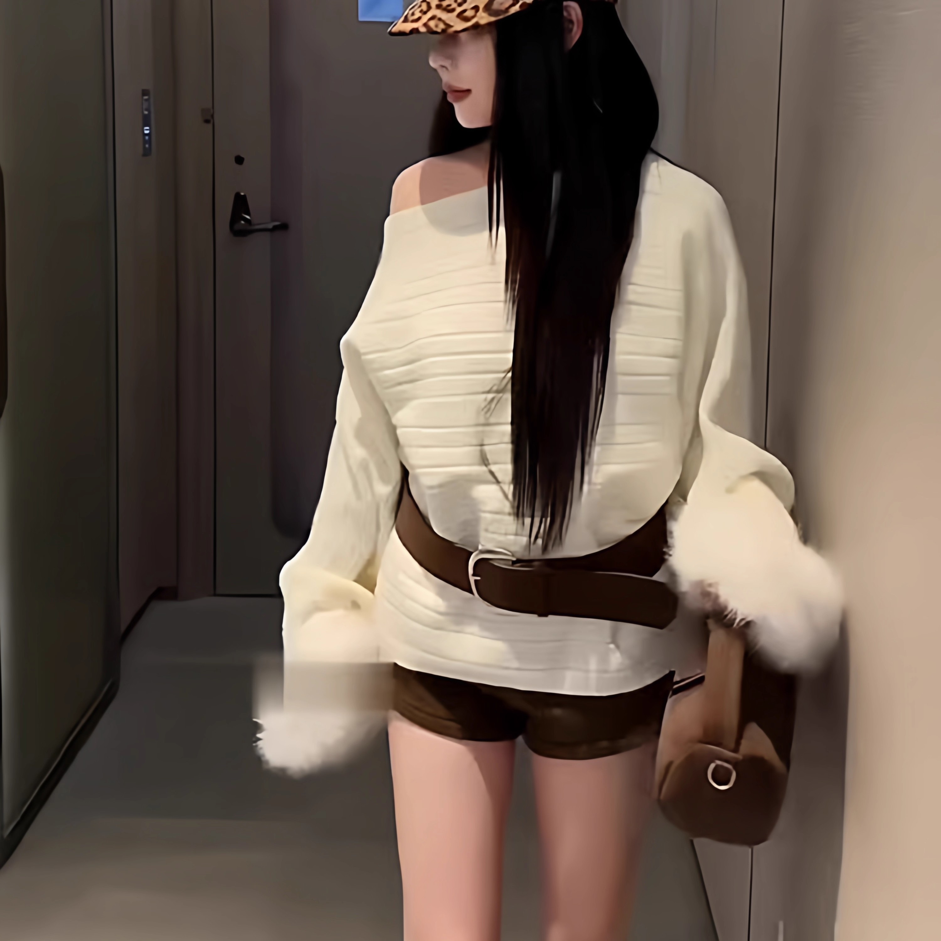 针织仿水貂绒露肩气质百搭毛毛袖