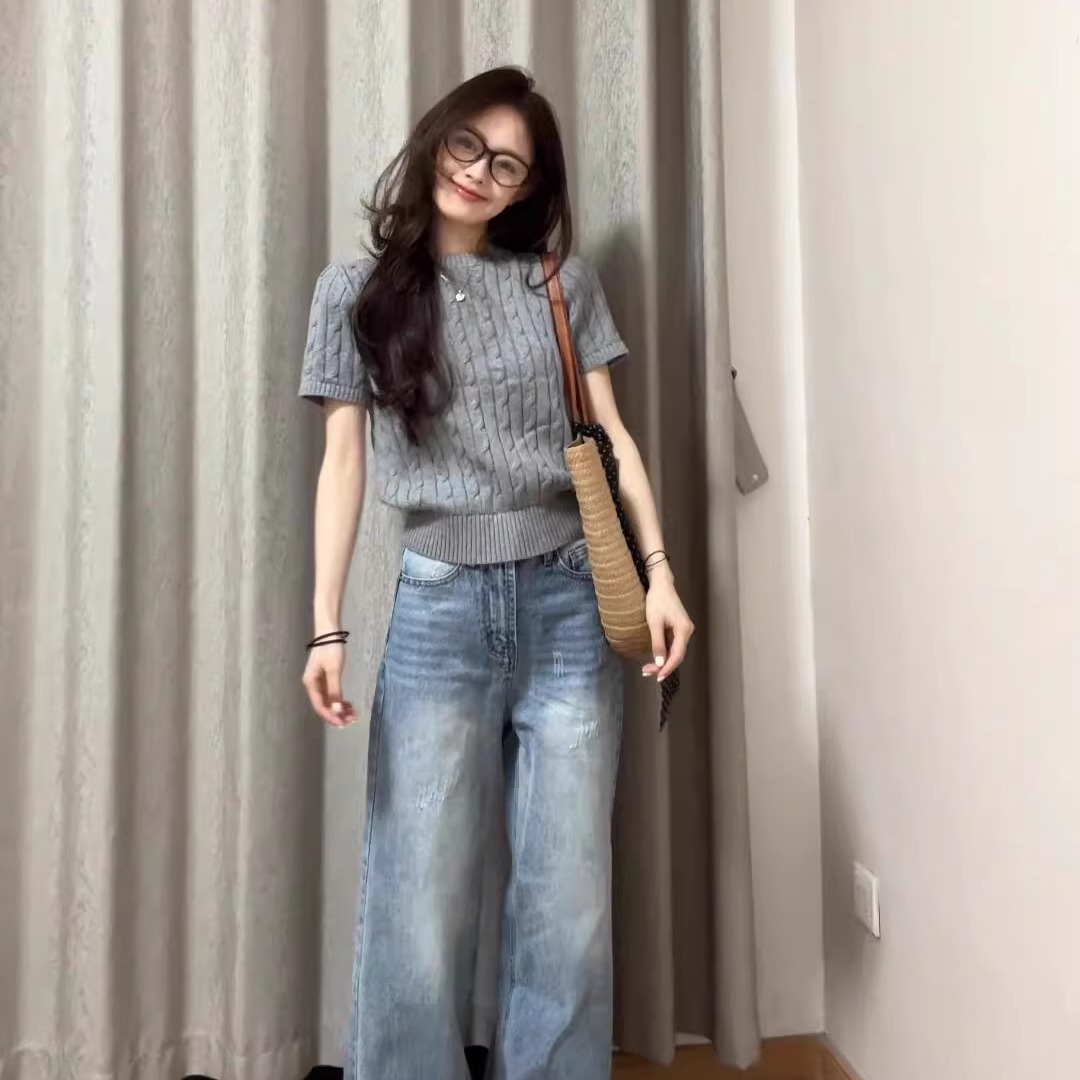 韩版设计感麻花纹灰色针织衫短袖T恤女夏季2025新款圆领正肩上衣