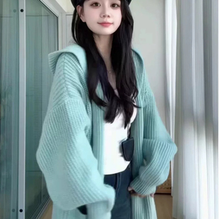 秋冬慵懒风加厚中长款毛衣大外套女装休闲显瘦连帽口袋针织开衫女