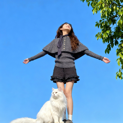 灰色披肩斗篷长袖毛衣女秋冬