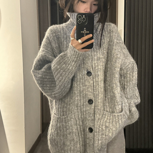 韩系灰色软糯高领开衫毛衣外套女秋冬外穿慵懒风宽松中长款针织衫