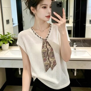 高级感丝巾薄款冰丝短袖针织衫女款2026新款夏季韩系时尚洋气上衣