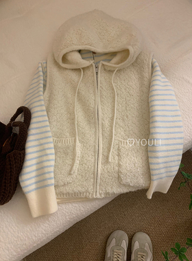 韩系减龄加厚圈圈毛连帽拉链马甲女2025秋冬新款时尚百搭针织开衫