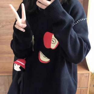 复古圆领毛衣秋冬女设计感小众宽松慵懒风黑色套头趣味上衣厚 美式