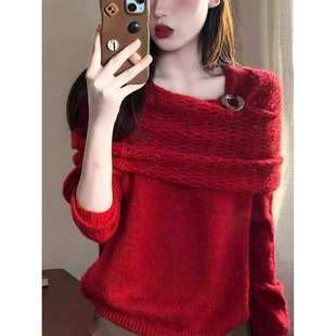 高级感跨年红色毛衣女款2026新款冬季套头披肩针织衫红色镂空上衣