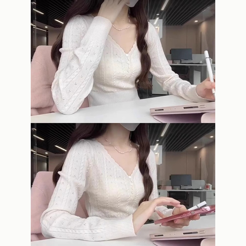 白色v领麻花针织衫女初秋新款