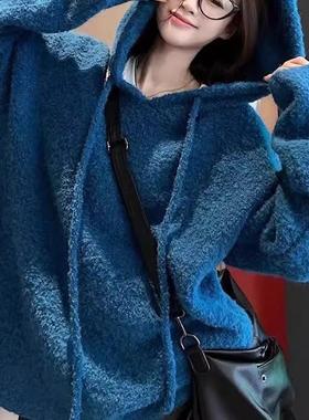 韩系慵懒风软糯圈圈纱连帽毛衣2024秋冬季新款宽松加厚保暖上衣女