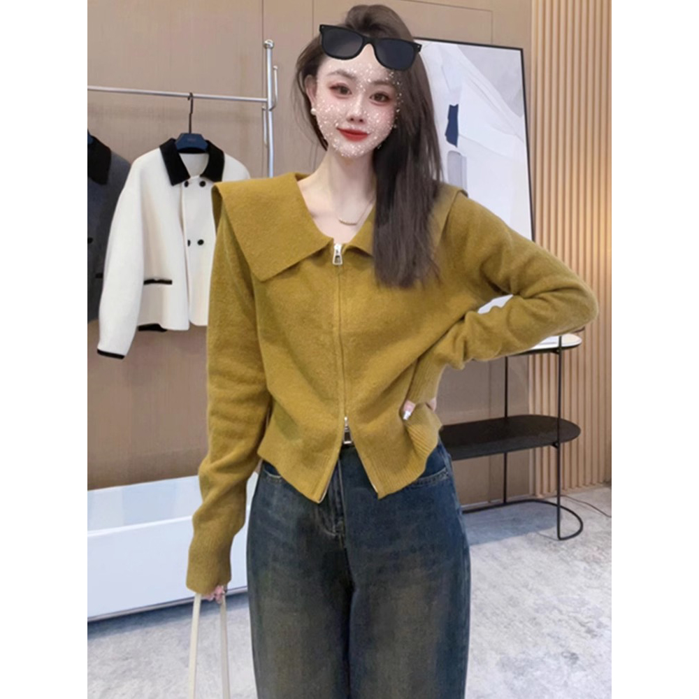 2024春秋季新款韩版宽松百搭翻领针织开衫拉链显瘦毛衣女外套上衣