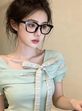 薄荷绿色短袖t恤女夏季2026新款漂亮巨好看一字肩上衣设计感小众