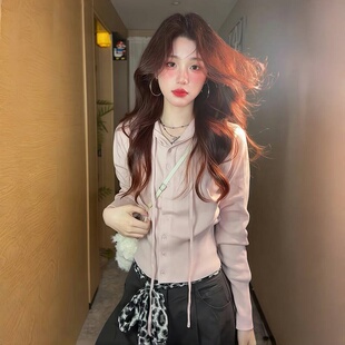 显瘦休闲百搭设计感上衣 韩系收腰显瘦连帽针织开衫 女春季 新款 修身