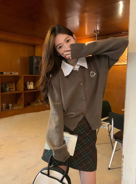 美拉德穿搭POLO领针织开衫毛衣外套女秋季新款港复古短款长袖上衣