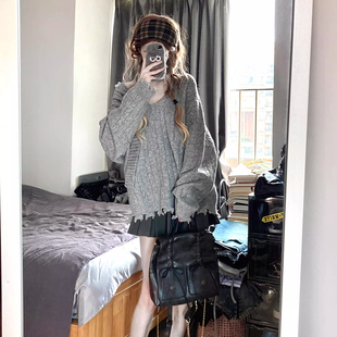 韩系复古慵懒风针织衫灰色麻花毛衣女小众设计感入秋返校穿搭上衣