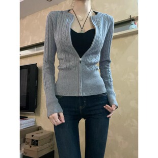 灰色拉链正肩长袖针织衫女春秋短款内搭打底毛衣开衫修身收腰上衣