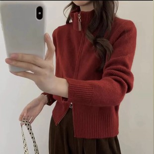 小个子短款半高领针织开衫女秋冬装韩系加厚短款拉链毛衣外套上衣
