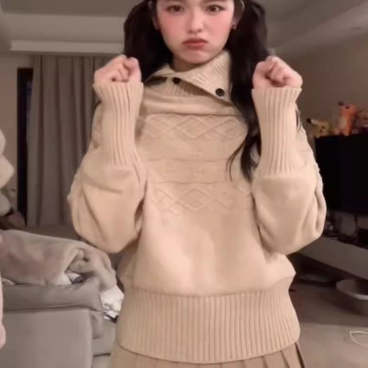 韩系慵懒风蝙蝠袖麻花高领加厚毛衣女秋冬宽松套头针织上衣高级感