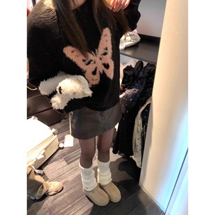 秋冬软糯慵懒宽松针织打底衫 黑色复古蝴蝶圆领毛衣女2024新款 上衣