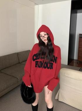 字母刺绣连帽套头毛衣女秋季复古红色针织衫慵懒宽松加厚长袖上衣