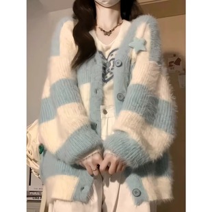 韩系新款 上衣 条纹水貂绒毛衣女外套秋冬季 慵懒风设计v领针织开衫