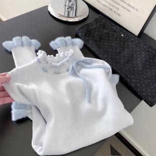 半高领蓝色毛衣内搭打底衫女秋冬季2025新款高级感木耳边针织上衣