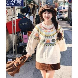 宽松慵懒高级感重工提花圆领套头针织衫 费尔岛白色毛衣秋冬新款 厚