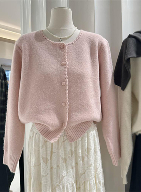 法式温柔小香风针织开衫女秋冬高级感甜美宽松手工毛衣外套上衣厚