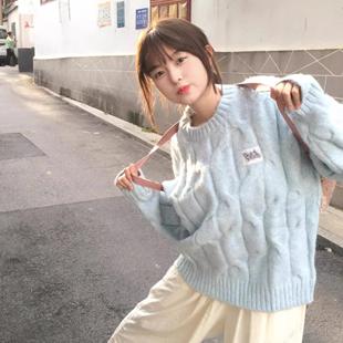 babyfufu学院风外穿设计感软糯加厚针织上衣 韩系麻花圆领女秋冬季