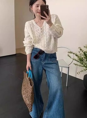 韩系高级感镂空设计洋气针织V领开衫2025新款短款白色外套毛衣女