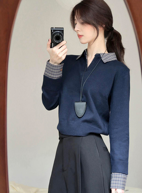 藏蓝色假两件polo领长袖打底针织衫女chic韩系2025新款早秋季上衣