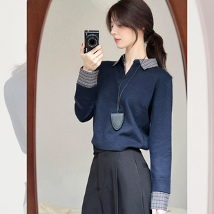藏蓝色假两件polo领长袖打底针织衫女chic韩系2025新款早秋季上衣