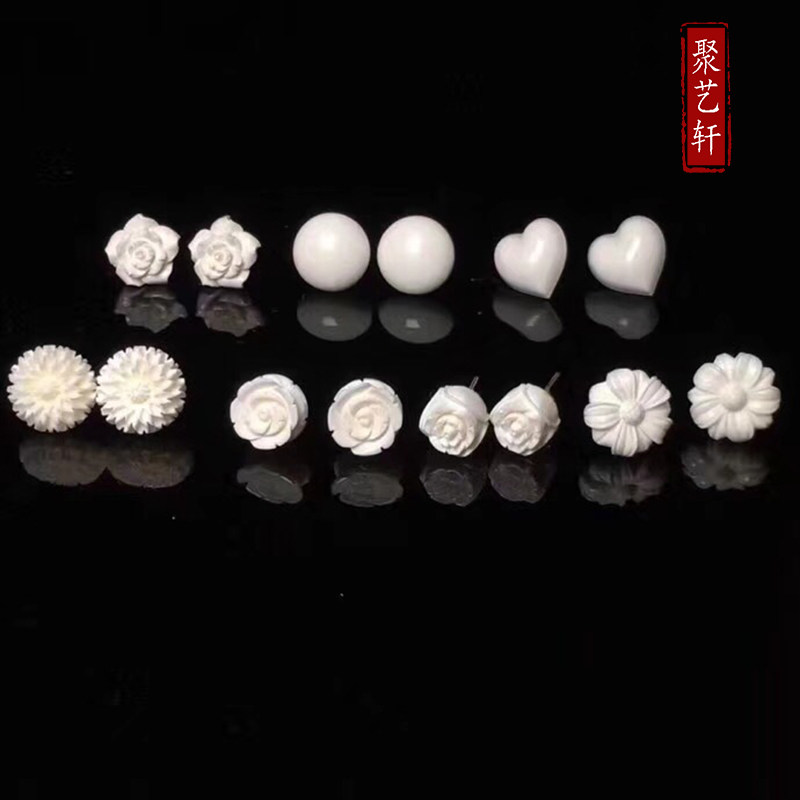 天然猛犸象牙3a冰料玫瑰耳钉女款耳环耳坠925银镶嵌 猛犸雕刻原料