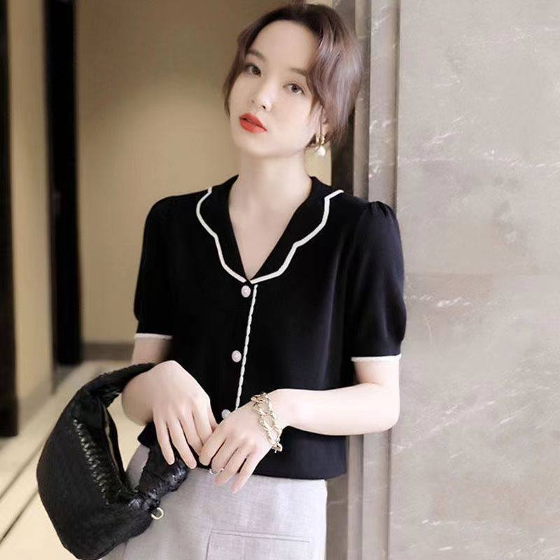 法式花瓣娃娃领冰丝针织衫女超好看独特减龄套头短袖洋气百搭上衣