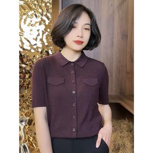 上衣 高级感polo领假口袋设计干练气质针织衫 夏季 薄款 直筒显瘦大码