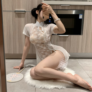一帘幽梦~性感蕾丝透视开叉大露背古风斜襟网纱旗袍绑带睡裙纯欲