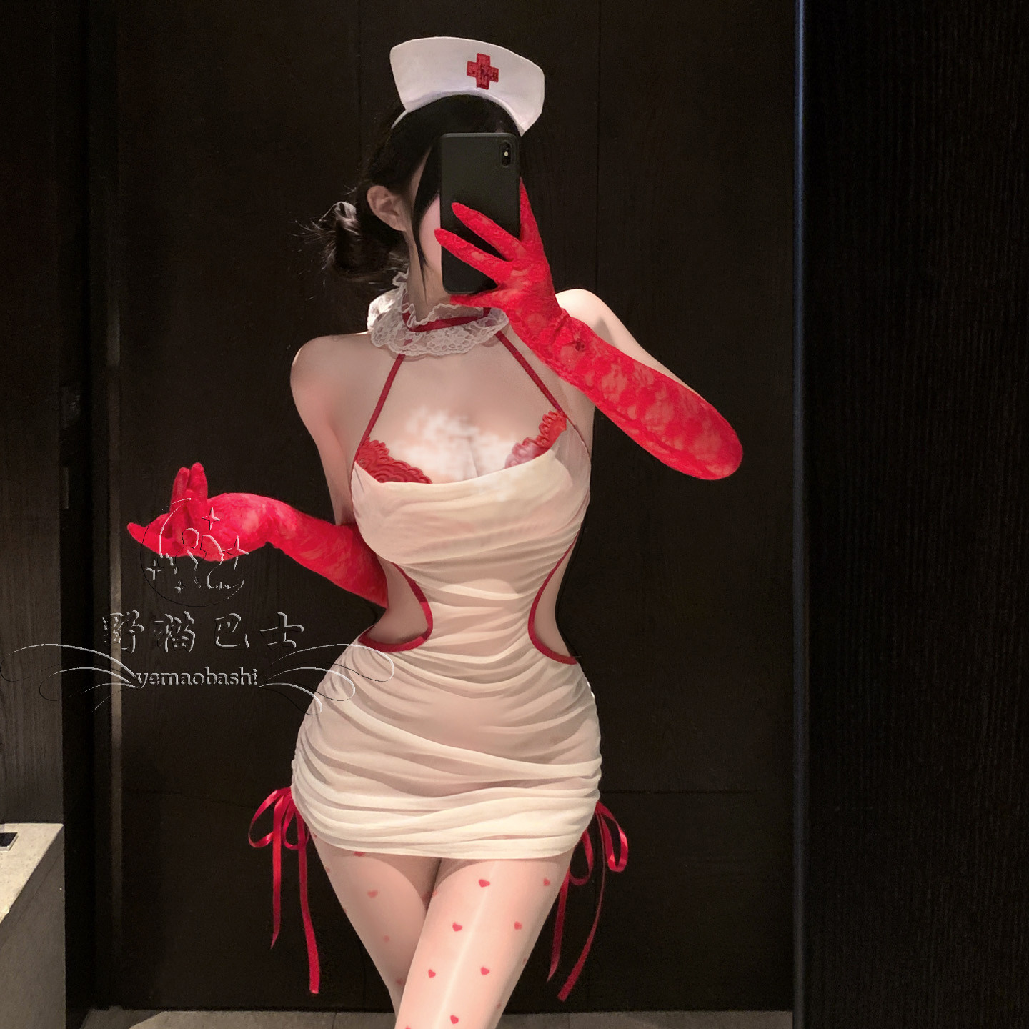 性感护士镂空蕾丝挂脖绑带睡裙女纯欲透视薄纱包臀裙约会家居睡衣